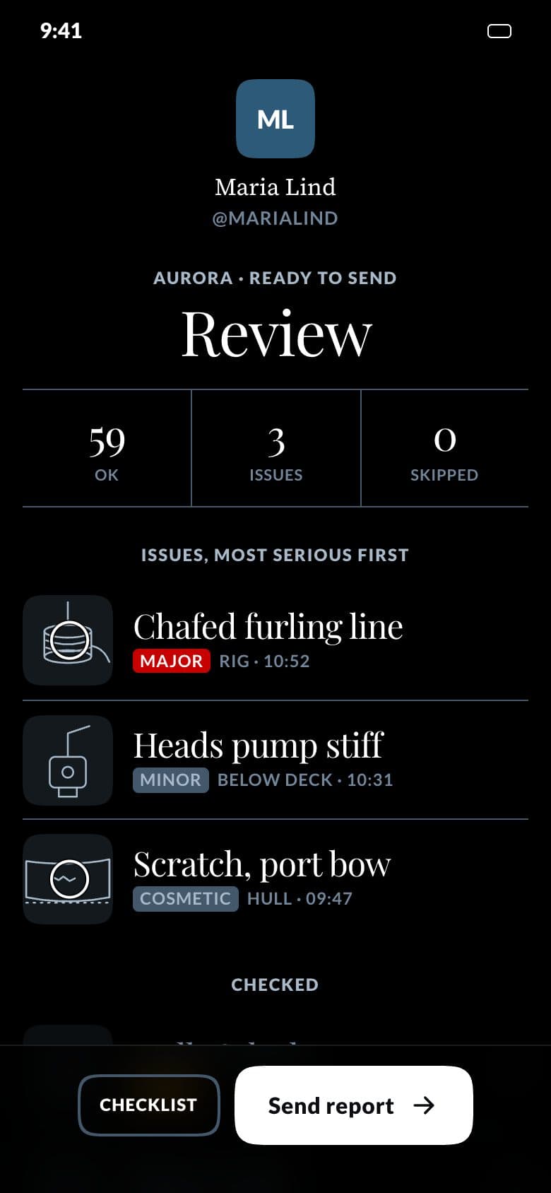The review screen before the report is sent