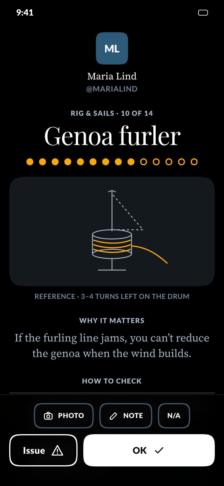 The item screen for the genoa furler, with the OK button